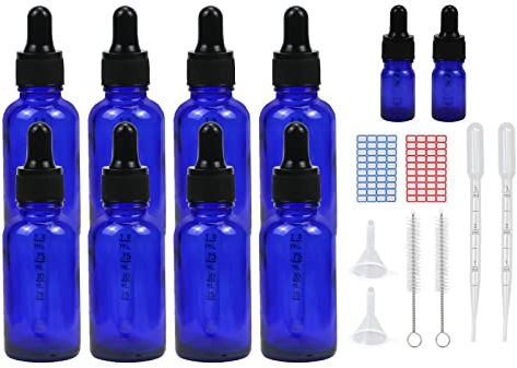 Episkey 8 Stück 30ml Pipettenflasche, Tropfflasche Blaue Glasflaschen Set inkl. 5ml mit schwarzer Pipettenkappe und Hilfszubehör für Ätherische Öle Parfüm DIY-Probenmischungen (Blau, 30ml)