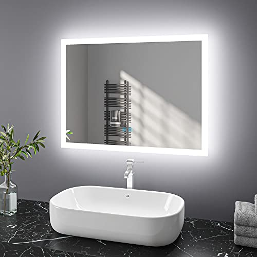 Finmrys Badspiegel mit Beleuchtung 80x60 cm LED Spiegel Bad mit Touch-Schalter Beschlagfrei Badezimmerspiegel Dimmbar Beleuchtet Kaltweiß Warmweiß Horizontal Vertikal(31.5x23.62 Inch)