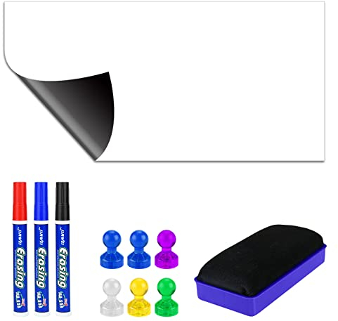 Whiteboard Folie, 40*80cm Magnetisch Selbstklebend Weißwandtafel Folie, Wiederbeschreibbar Whiteboard Sticker DIY mit 3 Marker und Schwamm, Whiteboardfolie für Glatten Oberflächen in Schule Büro Haus