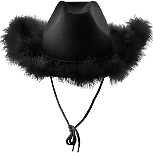 Hut mit Feder, Karneval Kostüm Cowboyhut für Frauen Mädchen, flauschiger Federrand, Erwachsenengröße, Cowboyhut mit Federn für Kostümparty, Spiel-Anzieh-Outfits für Frauen Party Rollenkostüm Geschenk