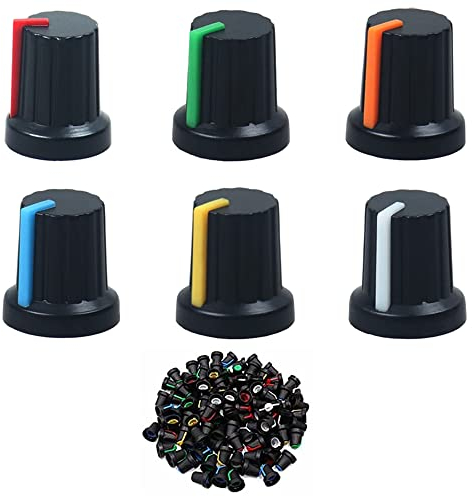 Xiatiaosann 60 Stück Potentiometer-Reglerknopf 6 mm Rändelwelle Loch Potentiometer Lautstärkeregler Drehknopfkappe 15 x 15 mm in 6 Farben