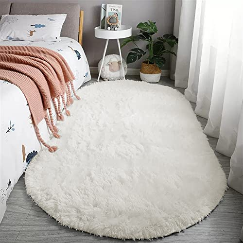 Reyox Teppich Oval Hochflor Shaggy rutschfest Pflegeleicht, Flauschig Weich Langflor Teppich für Wohnzimmer Schlafzimmer Bettvorleger Elfenbeinweiß 120 x 160 cm