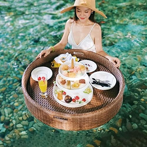 Rattan Gewebtes Serviertablett Schwimmendes Tablett für Pool, Schwimmender Getränkehalter für Pool Runder, stilvolles Frühstückstablett auf dem Wasser,Brown-80CM