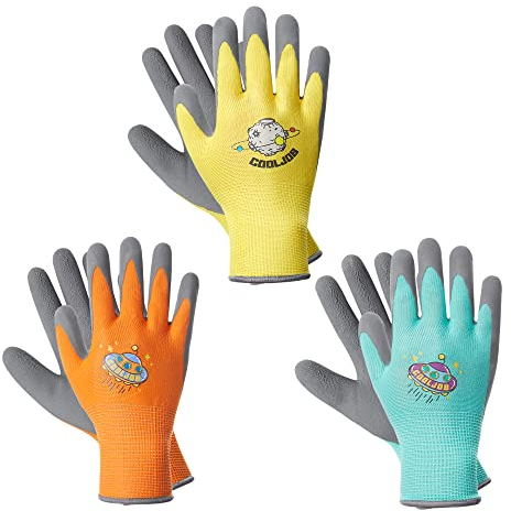 COOLJOB Lot de 3 paires de gants de travail pour enfants de 6 à 8 ans, revêtement en latex antidérapant, gants de jardinage pour enfants (3 paires M)
