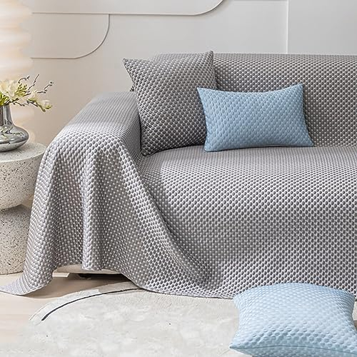 Daesar Sofa Universal Bezug Ecksofa 185x400CM, Couch Überzug Sommer mit Erhabene Gepunkt Grau Couchbezug Eckcouch 4 Sitzer Sofaüberwurf rutschfest