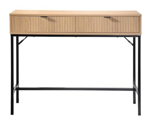 Calicosy - Console 2 Tiroirs - Façade Effet Bois Rainuré - Panneaux De Particules - Structure Tubes Métal Noir - Entrée, Couloir, Salon - Style Industriel - L 100 x P 35 x H 80 cm