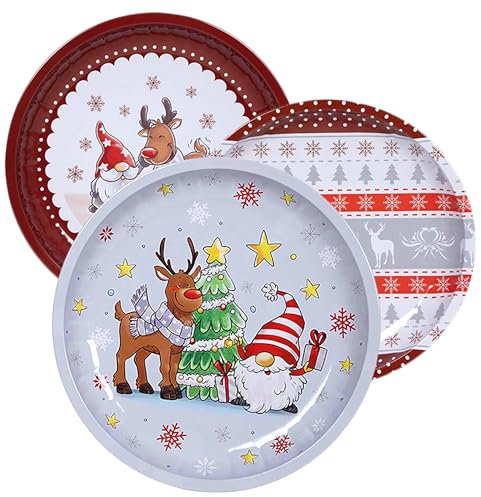 KAMACA 3er SET Weihnachtsteller Keksteller aus Metall Weihnachts- oder Nikolaus- Teller für Kekse, Gebäck, Stollen und Süßes (3er Set Gebäckteller Christmas)