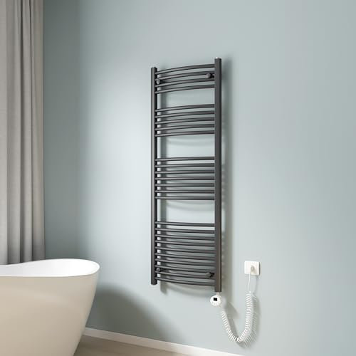 EMKE Scaldasalviette elettrico bagno,Curvo,140 x 50cm, 600W,Scaldasalviette con Termostato,Bianco,Radiatore da Bagno,Termoarredo Asciugamani da Bagno
