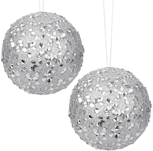 Hollyone 15cm Große Weihnachtsbaumkugeln Ornamente Glitzer, 2pcs Pailletten Christbaumkugeln Set mit Seil, Bruchsicher Weihnachtskugeln Silber Hängend Weihnachtsdeko für Feiertage Party Deko