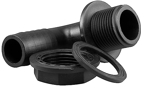 90 Degree Water Tank Overflow Vent, Water Butt Barbed Elbow Outlet with Nut & Washer BSP Hose Sizes, Garden Rain Capture Tank Linking Connector, Threads fit 42mm Hole (1.25 BSP - 1.25 Barb)