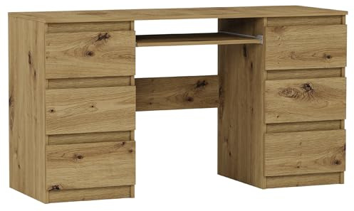 Framire Schreibtisch N-32 Artisan Eiche 140x50x77 cm – großer Computertisch mit 6 Schubladen, Schreibtisch für Schlafzimmer, Wohnzimmer & Studio, Modern N-32