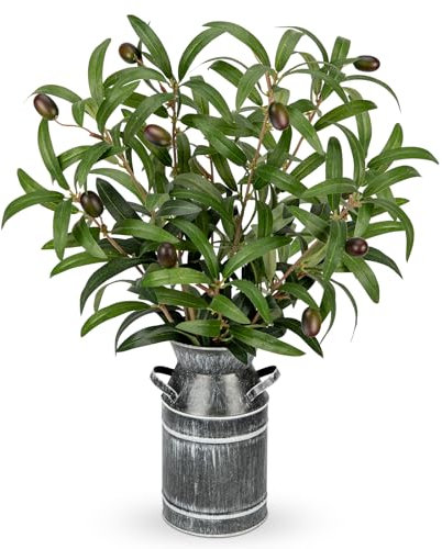 Oairse Branches d'olivier artificielles avec vase en métal rustique de 48 cm - Tiges d'olivier artificielles en pot - Pour la maison, le bureau, la cuisine, le centre de table, la ferme, la décoration