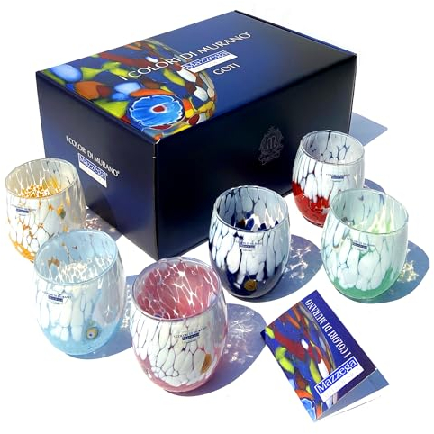 MAZZEGA ART & DESIGN - 6 Bicchieri Acqua Big Bicolor in Vetro Soffiati e Lavorati a Mano con Murrine di Murano, linea “I Colori di Murano” 435 ml. Made in Italy (MIX-SR, 6)