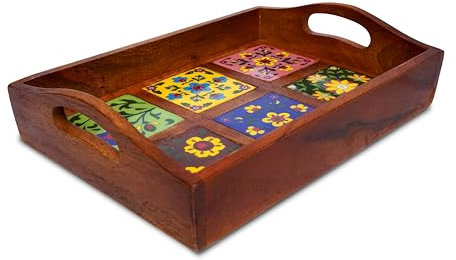 Craft Trade Mango Wood Serving Tray with Handle and 6 Fitted Floral Ceramic Tiles Wooden Platters Perfect for Breakfast Tea Coffee Snacks Dinner 30x23x8 cm
