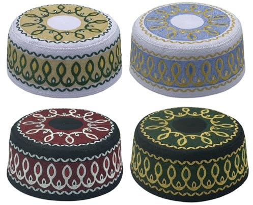 SIORTIO 4 Stück Muslimische Gebetskappe Kufi-Hut Herren Islam Stickerei Arabisch Omanisch Türkisch für Eid, Mehrfarbig/Meereswellen (Ocean Tides), large