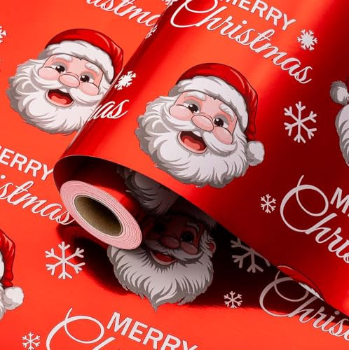 Wikadlik Geschenkpapierrolle für Weihnachten, 43 cm x 10 m, Rot-Weiß, Metallic-Folie, glänzend, niedliche Geschenke, Packpapier – Weihnachtsmann/Schneeflocken/Frohe Weihnachten Schriftdesign