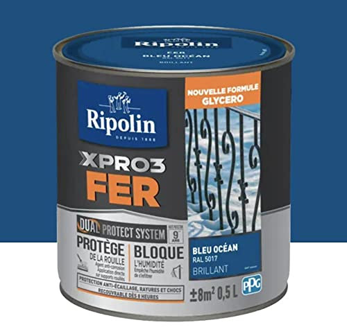RIPOLIN Peinture fer glycéro XPRO3 Fer Brillant Bleu océan 0,5 L