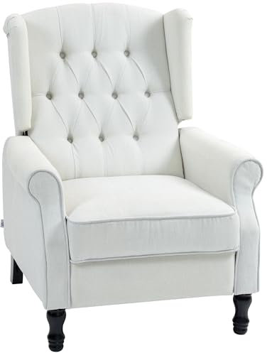 HOMCOM Recliner Armchair, Vintage Reclining Chair with Nail Head Trim, Wingback Chair with Button Tufted Back and Footrest, for Living Room, Cream White