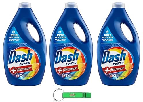 3 x Dash Power Detersivo Liquido Lavatrice Colorati, detersivo liquido per lavatrice 36 lavaggi 1800 ml, azione extra igienica per vestiti colorati + portachiavi Beni Culinari