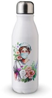 MAXIKIWI - Botella de agua de una sola pared con tapa de rosca, aluminio ligero sin aislamiento, sin BPA, a prueba de fugas, enfermera con flores, 500 ml