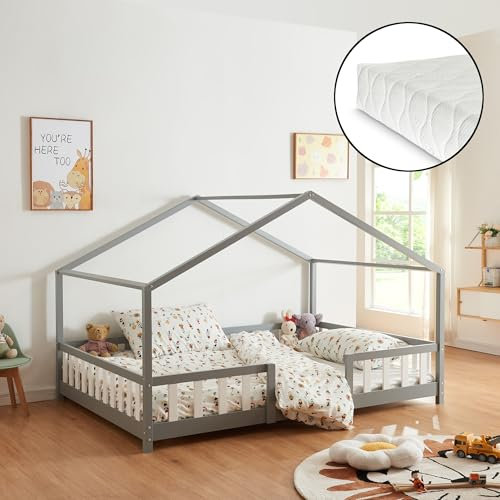 [en.casa] Kinderbett Treviolo mit Matratze 120 x 200 cm Hausbett Holzbett für Kinder mit Rausfallschutz Montessori Bettgestell mit Lattenrost Spielbett Kiefernholz Grau