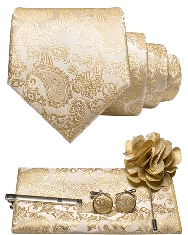 JEMYGINS Cravate cachemire pour homme avec mouchoir de poche, pince à cravate, broche florale et boutons de manchette, Champagne doré, M
