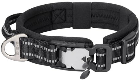 EXCELLENT ELITE SPANKER Weiches gepolstertes atmungsaktives Hundehalsband Reflektierendes Nylon Verstellbares Hundehalsband mit Schnellverschluss Magnetverschluss für Junge Mädchen Training(BLK)