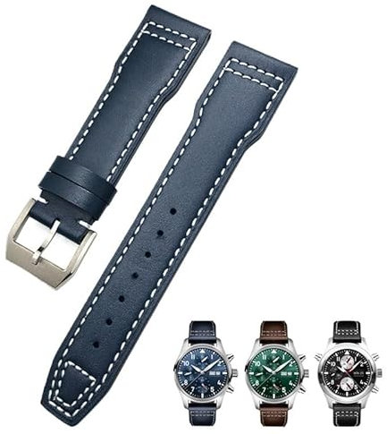 BIK 21 mm 20 mm Rindsleder-Armband, passend für IWC-Fliegeruhren, Portugieser-Armbänder, blaues Uhrenarmband-Zubehör, Herren-Werkzeug(Blue white Pin,20mm)