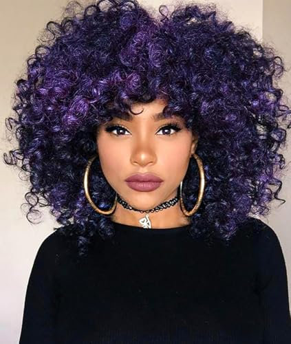 Colorfulpanda Perücke Afro Kinky Lockig Damen Kurze Wellige Perücken Locken Für Frauen Synthetische Natürliche Haar Wig mit Pony Natürlich lockige Perücke (Schwarz gemischt Violett)