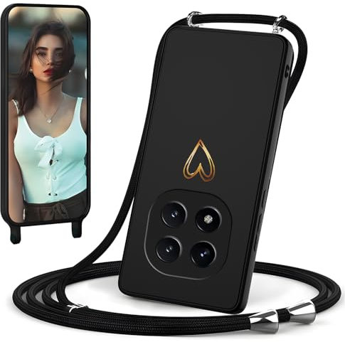 Coque avec Cordon pour Xiaomi Redmi Note 14 Pro+ Plus 5G, Coque de Cellulaire Corde Silicone Étui en Motif Coeur avec Réglable Collier Téléphone Chaîne Lanyard Case Housse pour Note 14 Pro+, Noir