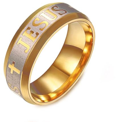 BlackAmazement 316L Edelstahl Ring Jesus und Kreuz Stufenkante Comfort Fit silber rose gold schwarz Herren Damen (Gold/Silber, 63 (20,1))