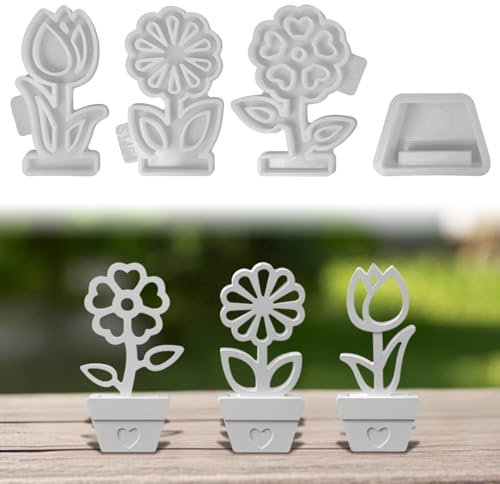 Silikonformen Gießformen Frühling, 3 Stück 3D Silikonform Blumen mit Blumentopf Gießformen Silikon Frühling Tulpen Gipsformen zum Gießen Silikonform Frühling Giessform Silikon für Gips Kerzen