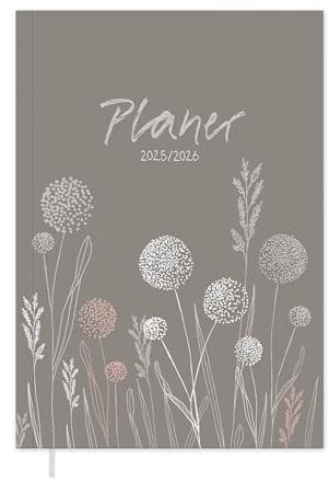 Eine der Guten Terminkalender A5 - Studienplaner 2025 2026, 18 Monate Wochenplaner & Notizbuch, Softcover Taschenkalender, Grau Beige Rosa mit Blumen, klimaneutral, FSC Papier