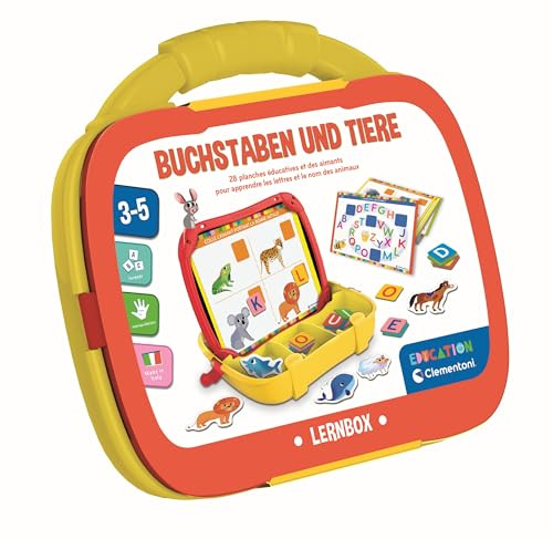 Clementoni Magnetische Lernbox - Buchstaben und Tiere - Lernspiel für Vorschulkinder ab 4 Jahren, mit Magneten, Stift und Heft, Magnetkoffer zum Mitnehmen, 59451