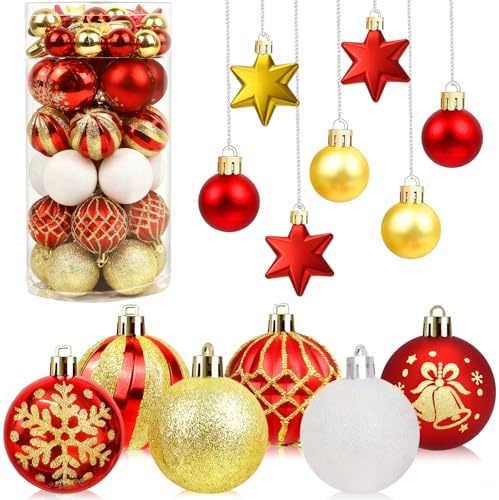 40pcs Christmas Baubles Red Gold White, 3-5cm Xmas Balls Ornaments, | Shatterproof Hanging Decorations for Xmas Tree, Colored Christmas Tree Decorations for Holiday Party,Pre-Hanged Strings