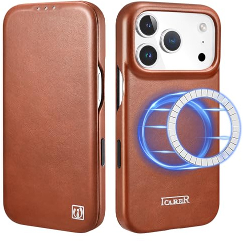 ICARER Echte Lederhülle Flip Handyhülle for iPhone 17 Pro Max 2025, Braun | Echtes Leder, Kartensteckplatz Magnetflip Wallet, Anti-Kratzer, Drahtloses Ladung, Anti-Fingerabdruck Schutzhülle