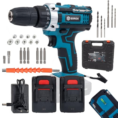 smartPrint Akkuschrauber 21V (35 Nm) – Akku-Bohrschrauber Set mit 2 x 2,0Ah Akkus, 2-Gang, LED-Licht, Wasserwaage, Zubehör & Koffer für Heimwerker | Farbe: Blau