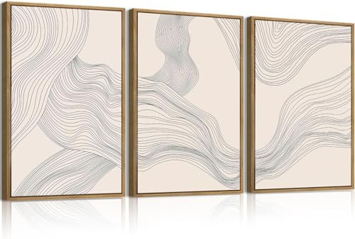 BINCUE 3 Stück Beige Bilder mit Rahmen,Boho Leinwand Bilder,Moderne Abstrakte Boho Wandbilder,Beige Neutrale Leinwand Wandkunst,Abstrakte Linie Wanddeko für Wohnzimmer Schlafzimmer Badezimmer,30x40cm