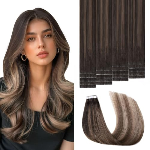 Sweetmet 3rd-Generation Invisible Tape Extensions Echthaar Menschenhaar | 50cm Farbe #2/6/18 Dunkel Braun bis Chestnut Braun und Dirty Blonde Invisible Remy Extensions Echthaar Tape in 45g