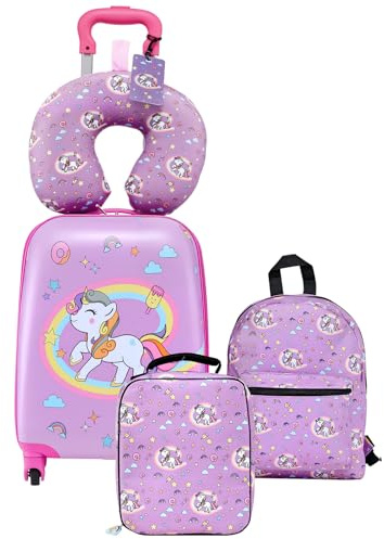 VEVOR Kids Luggage Set, 5 Piece, 18 Inch Hardside Rolling Wheels Suitcase with Backpack & U-shape Pillow, Unicorn Kids Carry on Luggage Set, Holiday Birthday Gift for Girls Boys, Airline Approved