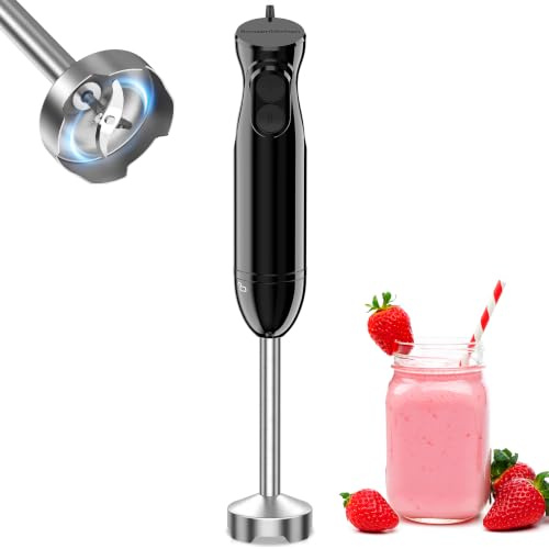 Bonsenkitchen Electric Hand Blender, 2 Speeds, Stainless Steel Blade, Black | Ergonomic Grip, Detachable Shaft for Easy Clean, Immersion Blender Handheld for Making Baby Food, Soups, Sauce