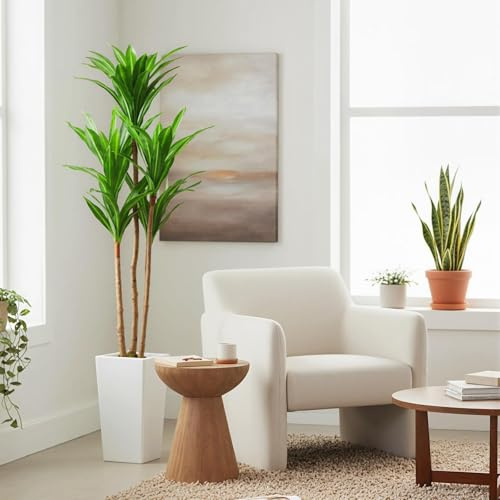 RBFGYIOP Artificial Dracaena Plant with White Planter, 147 cm Faux Dragon Tree Plant, Artificial Silk Plants, Fake Floor Plant Potted for Home Bedroom Living Room Decor