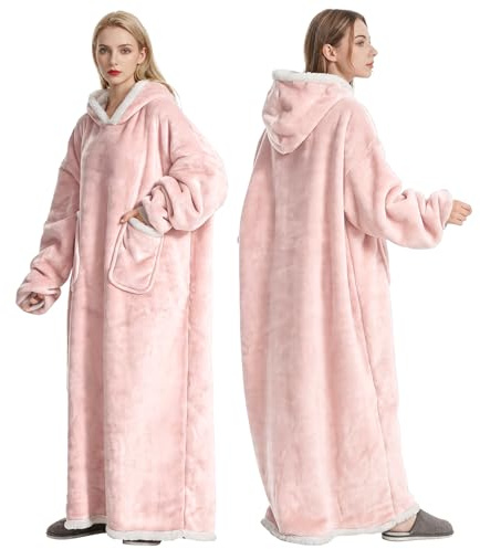 FEELJAM Decke mit Ärmeln und Kapuze Hoodie Decke Erwachsene Ärmeldecke Weich Warm Kuscheldecke mit Ärmeln (Hellrosa, 180 lang)