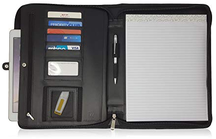 Black A4 Conference Folder - Zippered PU Leather Portfolio Folder for Men & Women with A4 Notepad, 10.5 Inch Tablet Pocket & Gift Box by Lautus Designs