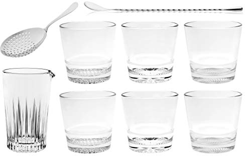 Barski - European - Glass - Mixology 9 Pc Set - Includes 18.5 oz. Mixing Cup - 6 Double Old Fashioned Glasses 13.5 oz. - Strainer - and Stirrer - Gift Boxed - Made in Europe