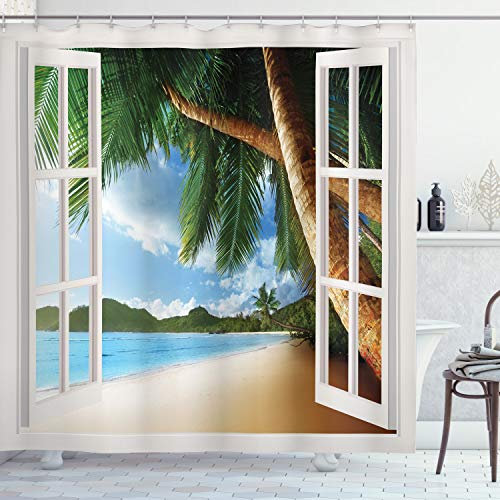 ABAKUHAUS Strand Duschvorhang, Nautical Sand Landschaft, Stoffliches Gewebe Badezimmerdekorationsset mit Haken, 175 x 220 cm, Grün Elfenbein Blau