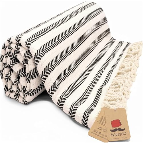 Bazaar Anatolia Turkish Beach Towel – 100% Cotton, Quick Dry, Sand Free Boho Farmhouse Style for Bathroom, Travel, Camping – Oversized 71x39 Inches – Arpa Black