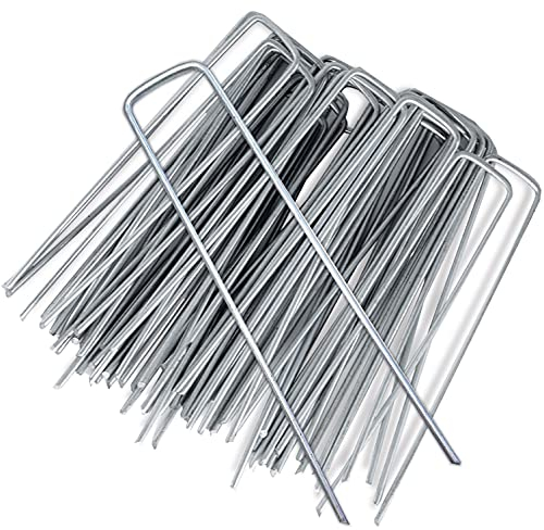 KEPLIN 100 x Garden Pegs Stakes Staples Securing Lawn, Perfect for Weed Control Membrane, Fabric, Artificial Grass, Matting & Netting - Galvanised U Shaped Nail Pins 6''/ 150mm (100 pack, Silver)