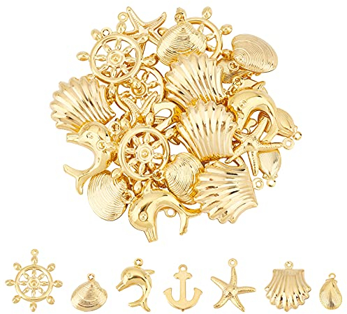 UNICRAFTALE Environ 28 pcs 7 Styles Breloques Dorées Ancre/Étoile de Mer/Dauphin/Heaume/Coquille Charme en Acier Inoxydable Formes Mixtes Pendentifs pour Collier DIY Fabrication de Bijoux