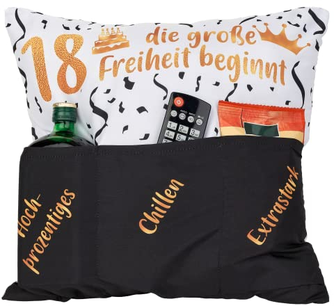 KAMACA Originelles Dekokissen Kissen mit 3 Taschen zum selber Befüllen Größe 43x43 cm tolles Geschenk zum Geburtstag (18. Geburtstag)